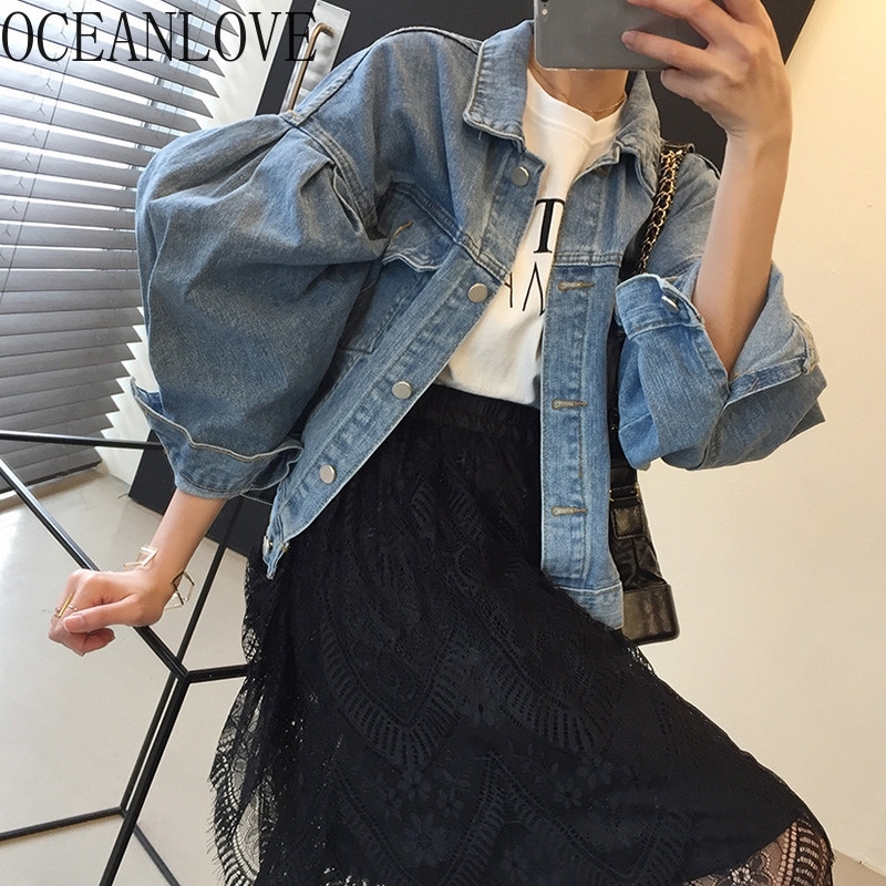 OCEANLOVE Chic All Match Women Jacket Puff Sleeve Short Vintage Spring Chaqueta Mujer Korean Pleated Denim Jacket 14987 201017