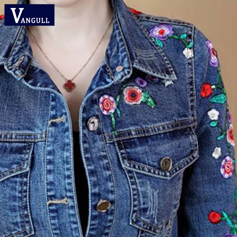 Vangull Plus Size 5XL Floral Women Denim Coat Embroidery Short Basic Ladies Jean Jacket Slim Flower Outwear Jackets 201112