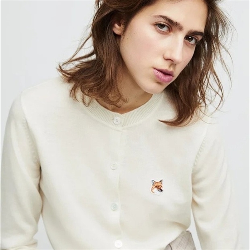 Autumn 2020 New Fox Embroidery Round O Neck Button Long Sleeve Single Breasted Casual Knitted Cardigan Women Sweater LJ201112