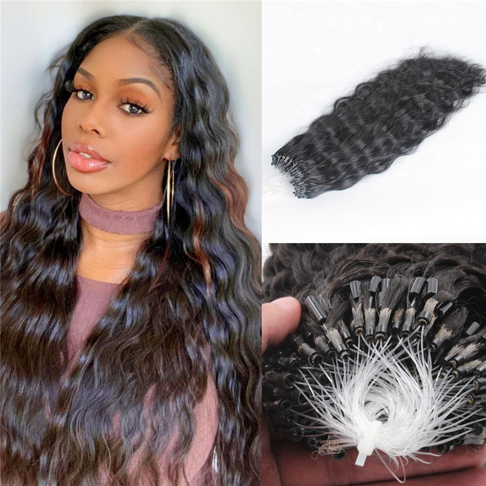 Curly Ring Loop Real Human Natural Black Micro Links Keratin Hair Extensions 100G 1G/Strand