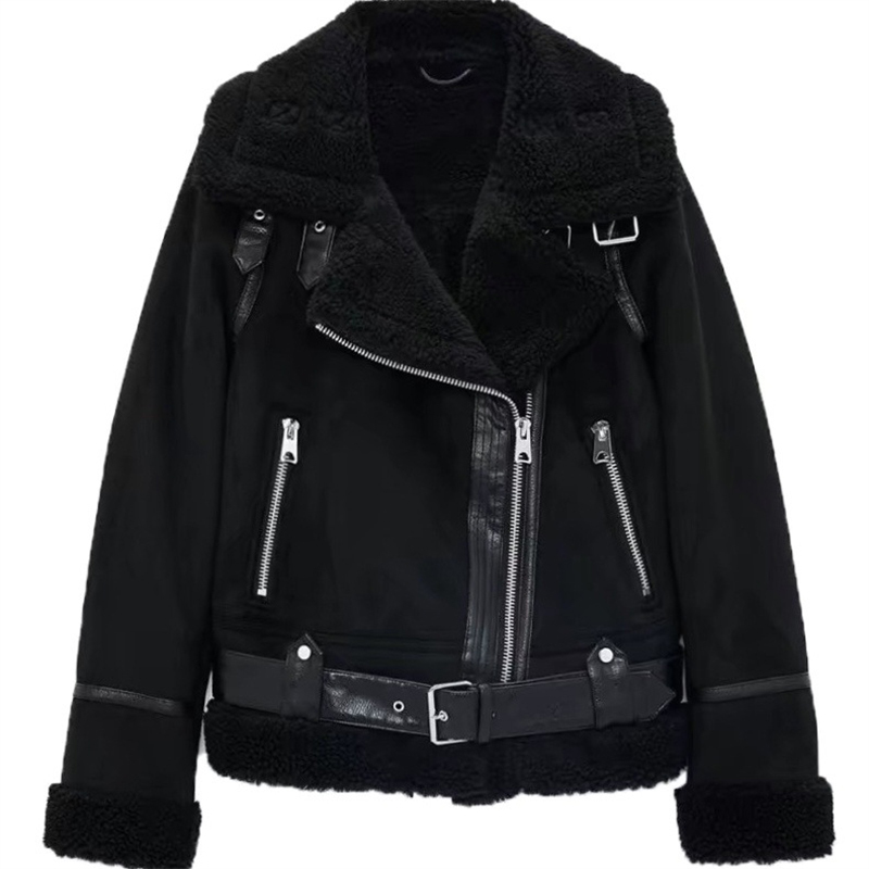 Winter Fleece Thick Women's Jacket Retro Suede Lambs Wool Warm Moto Biker Coat Belt Pockets Zipper Faux Leather Woman Jackets 210201