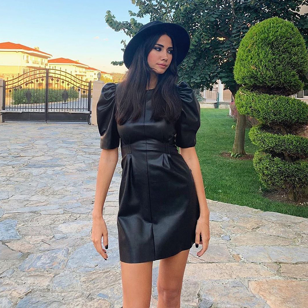 Puff Sleeve Dresses Girls Vintage O Neck Spring PU Leather Dress 2020 New A-Line Party Night Black Tight Dress Streetwear T200519