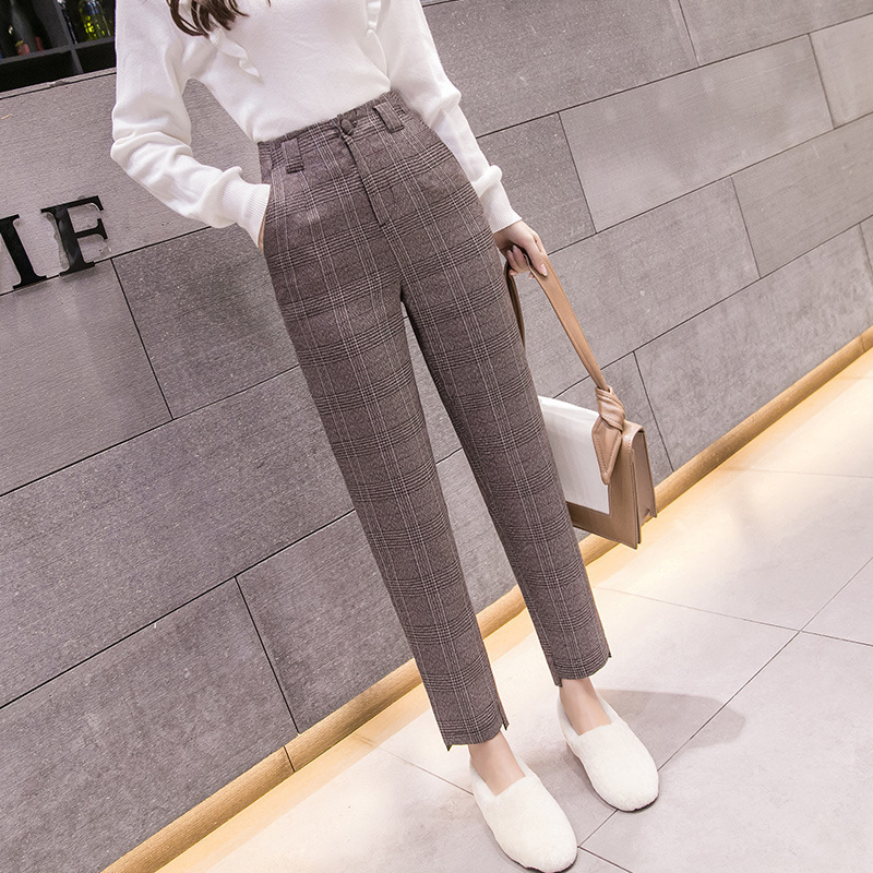 S-2xl Autumn Winter Plaid Wool Harem Pants Female Ankle-length High Waisted Pants Harem Pants Women Plus Trousers Women 201113
