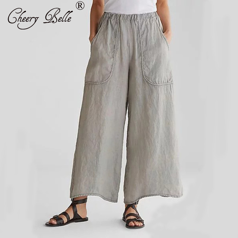 Women's Home Casual Wide Leg Pants cotton hemp bag loose long pants plus size high waist fashion Pants 201106