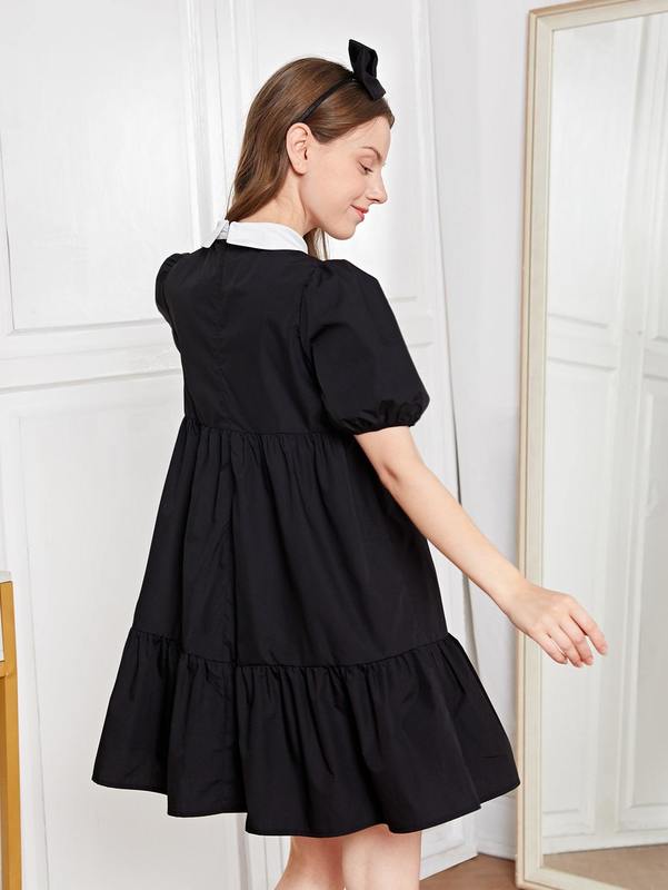 Teen Girls Contrast Collar Ruffle Hem Puff Sleeve Dress SHE