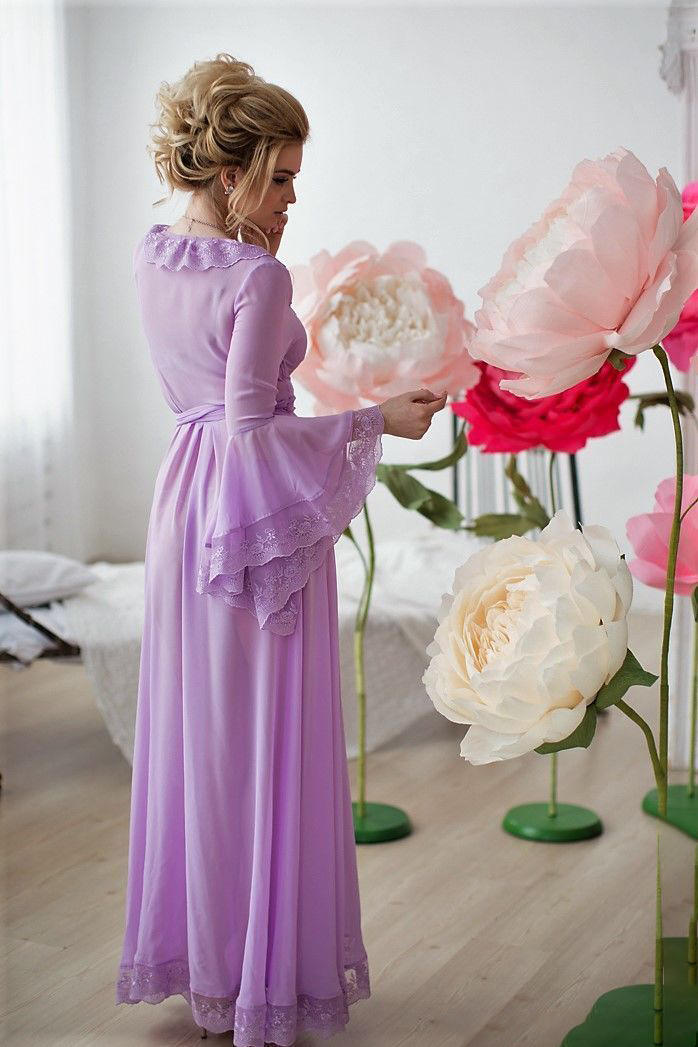 Fashion Purple Bridal Bathrobe Lace Tiered Ruffles Long Sleeve Lingerie Nightgown Pajamas Sleepwear Women Robes Nightwear