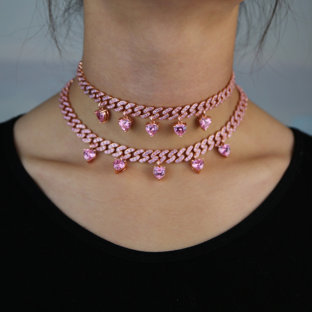 Fashion New Arrived Girlfriend Lover Gift Jewelry Pink White Heart Cubic Zirconia CZ Charm Cuban Chain Choker Necklace Pink Jewelry
