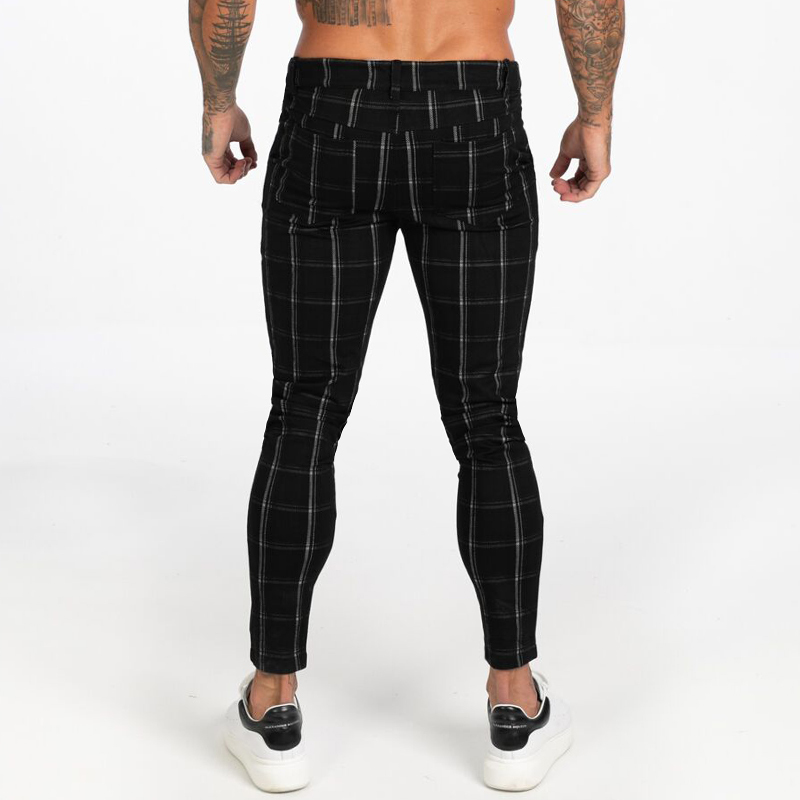 GINGTTO Men's Chinos Pants Skinny Fit Elastic Waist Black Plaid Autumn Stretchy Chinos Pants Men Size 28-36 EU Size Slim Leg 201128