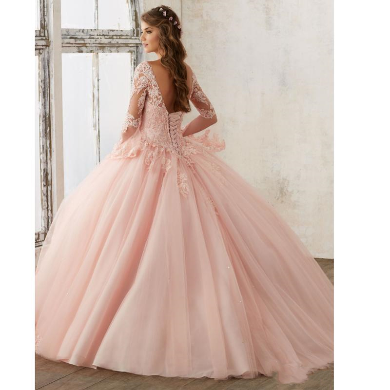 2021 Vintage Long Sleeve Sky Blue Ball Gown Quinceanera Dresses Lace Appliques Beads Vestidos De 15 Anos Sweet 16 Prom Gown BM202108