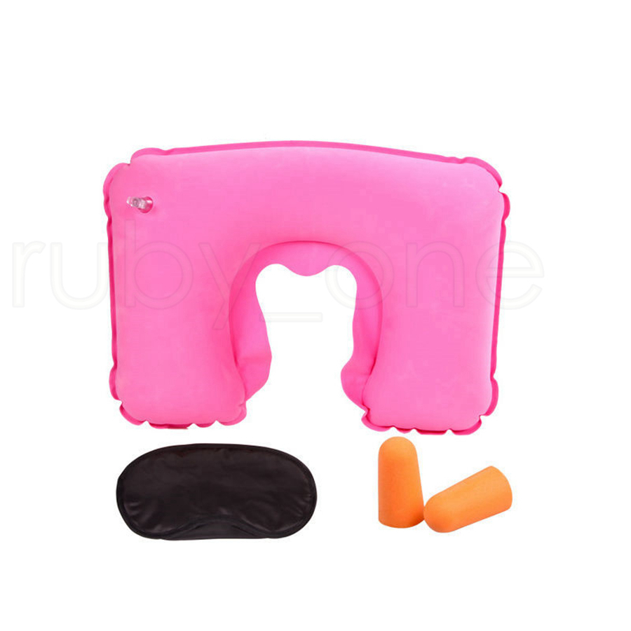 3 In 1 Outdoor Camping Car Airplane Travel Kit Inflatable Neck Pillow Cushion Support+Eye Shade Mask Blinder+Ear Plugs Tools