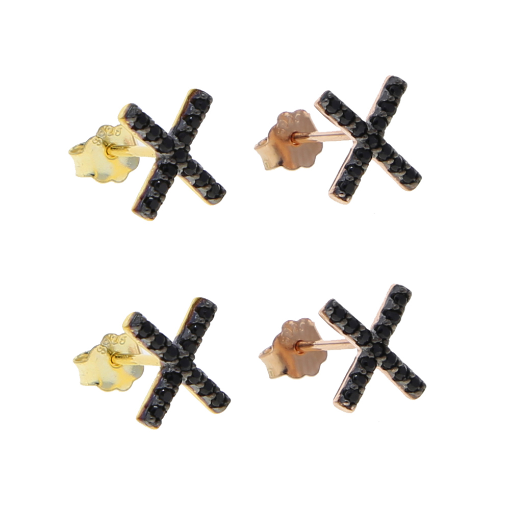 Delicate Rose Gold Color Classic Black Cz Paved X Cross Charm Stud Earring for Women Real 925 Sterling Silver Engagement Jewelry