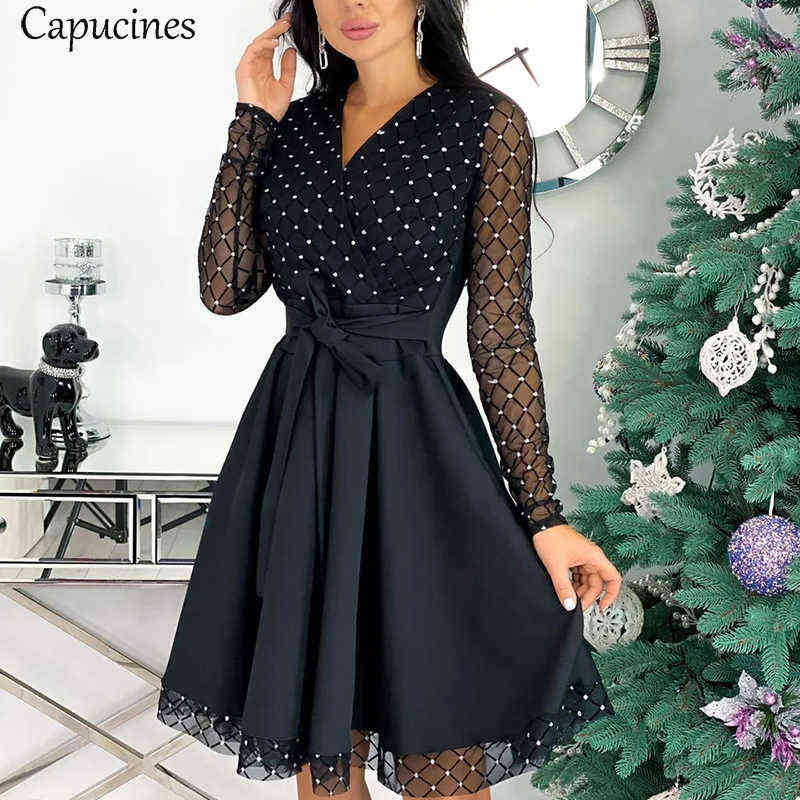 Capucines 2021 New Shiny Sequin Mesh Stitching Woman Dress Spring Autumn Long Sleeve A Line Belted Ladies Elegant Party Dresses G1223, Black
Capucines 2021 New Shiny Sequin Mesh Stitching Woman Dress Spring Autumn Long Sleeve A Line Belted Ladies Elegant Party Dresses G1223, Black