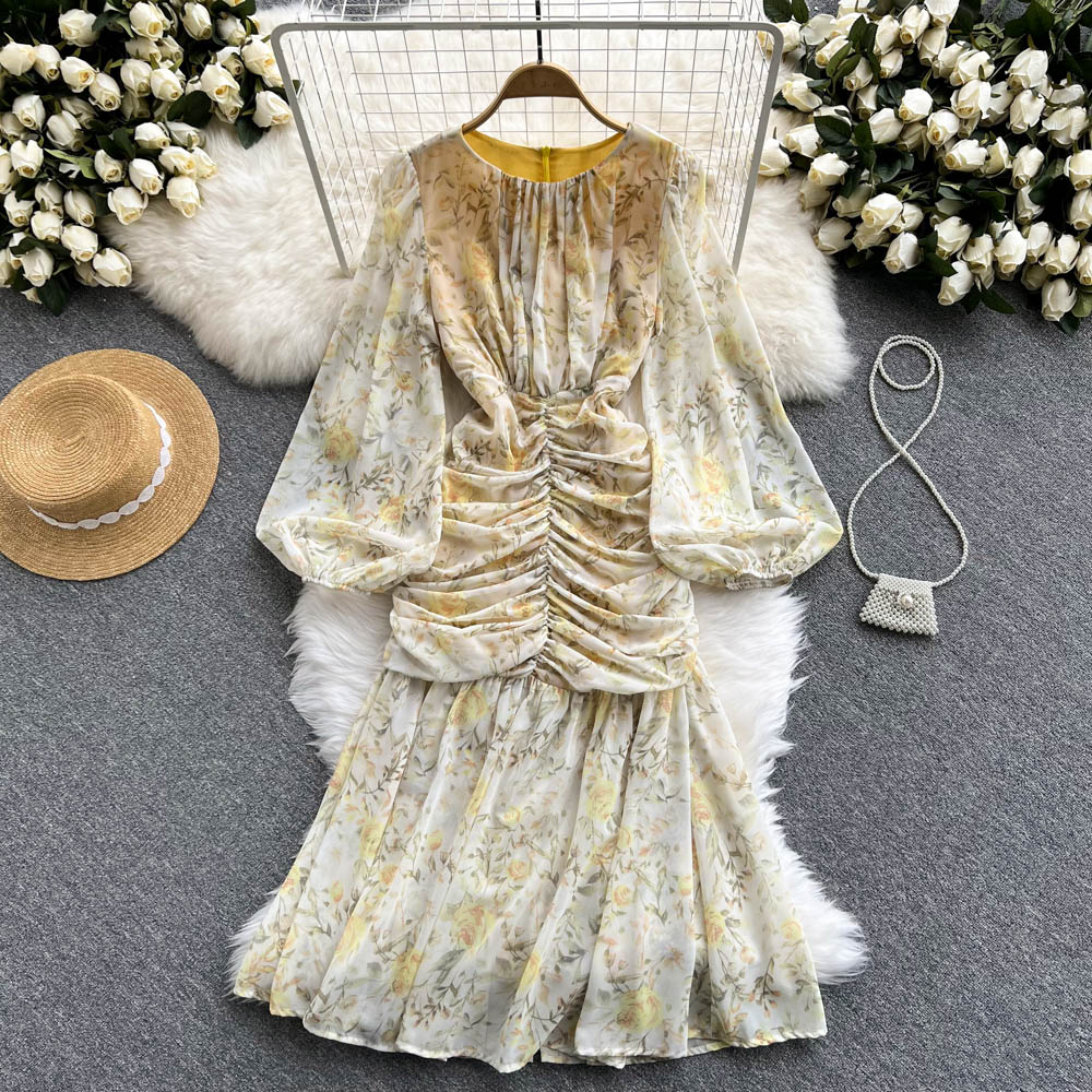 Bohemian Women Floral Chiffon Draped Long Dress Boho Vacation Beach Robe Female Puff Long Sleeve High Waist Party Vestidos New 2022