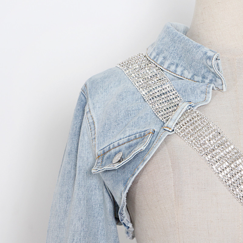 TWOTWINSTYLE Asymmetrical Sexy Denim Women Jacket Lapel Long Sleeve Patchwork Diamond Short Tops Female Summer Fashion New 201017