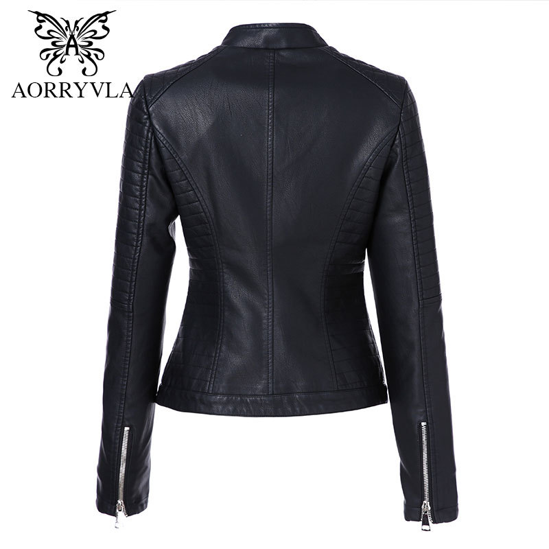 AORRYVLA Black Short Autumn Womens Leather Jacket Long Sleeve Mandarin Collar Moto Biker Zipper Slim Quilted PU Leather Jacket 201226