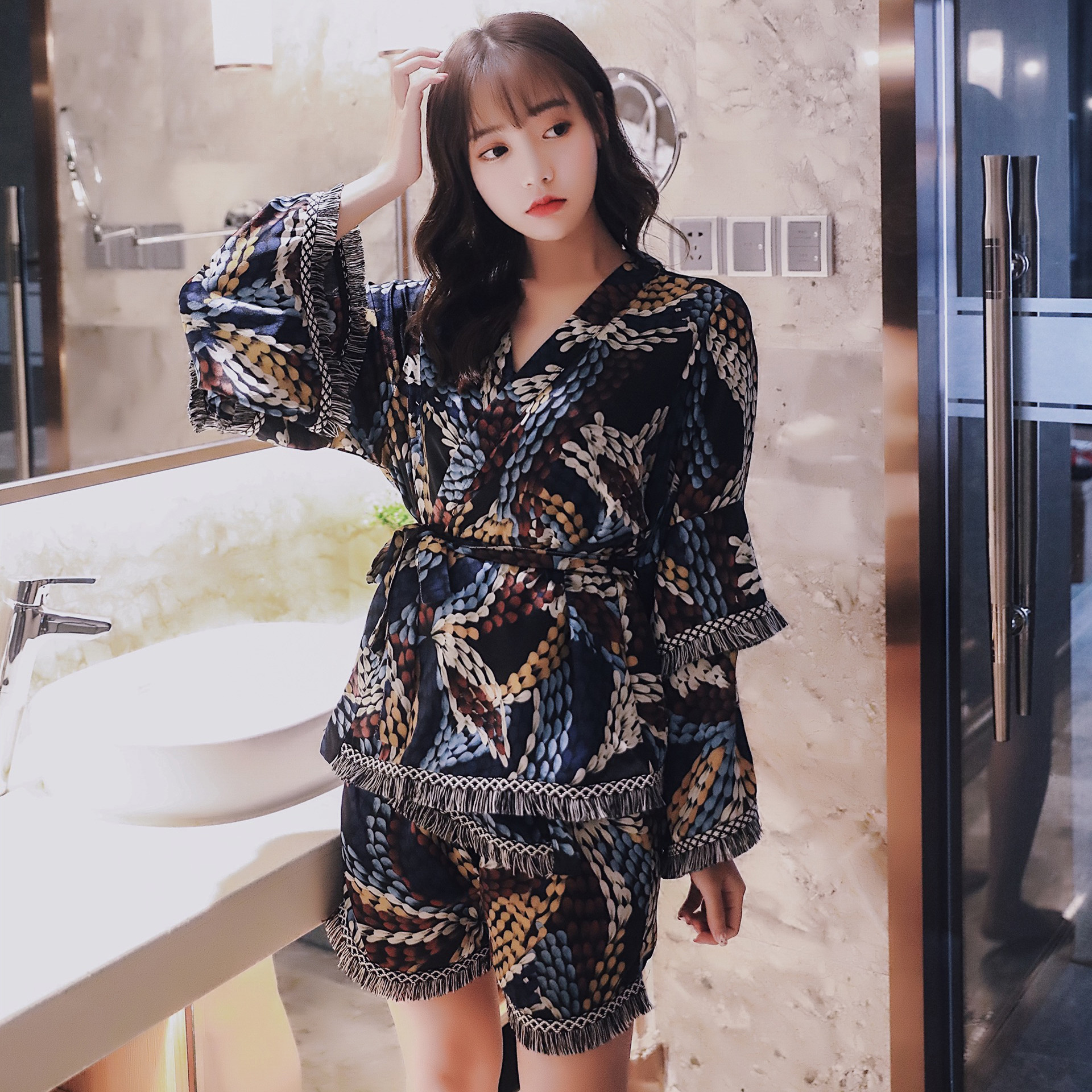 Cute Sweet Widesleeved Robes with Shorts Pajamas Set Three Pcs Set Women's Home Clothes Ladies Kimono Threepiece Woman Clothes T200429