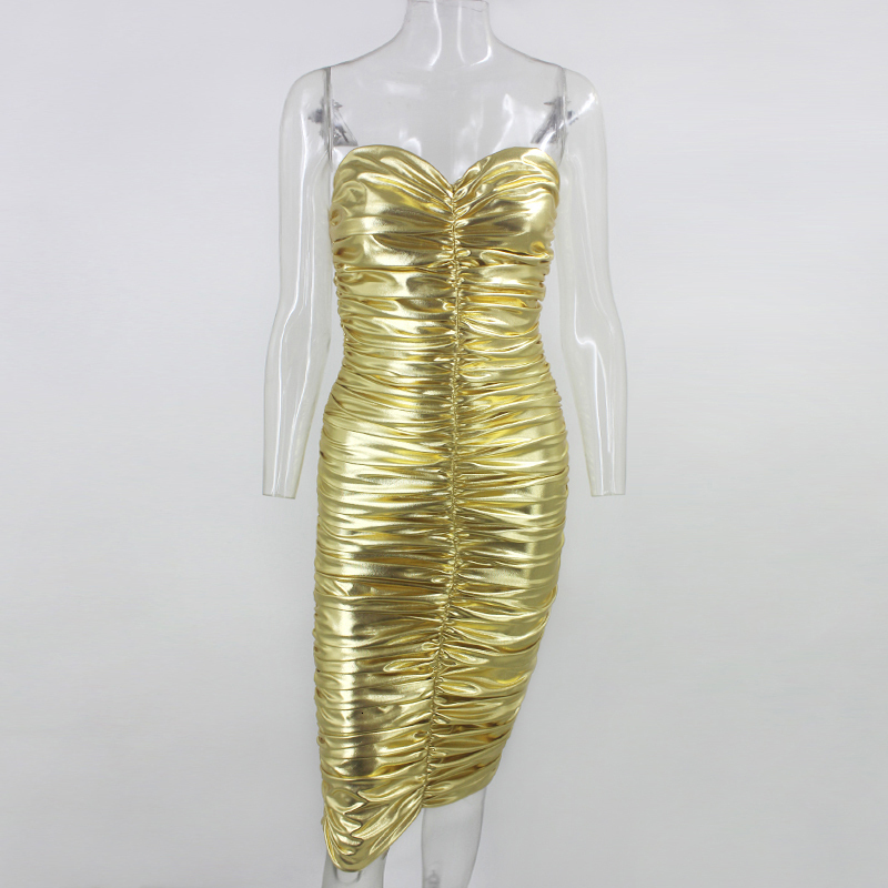 Fuedage PU Faux Leather Sexy Gold Dress Women Ruched Bodycon Strapless Sparkle Bandage Dress Glitter Midi Party Dresses Vestidos T200320