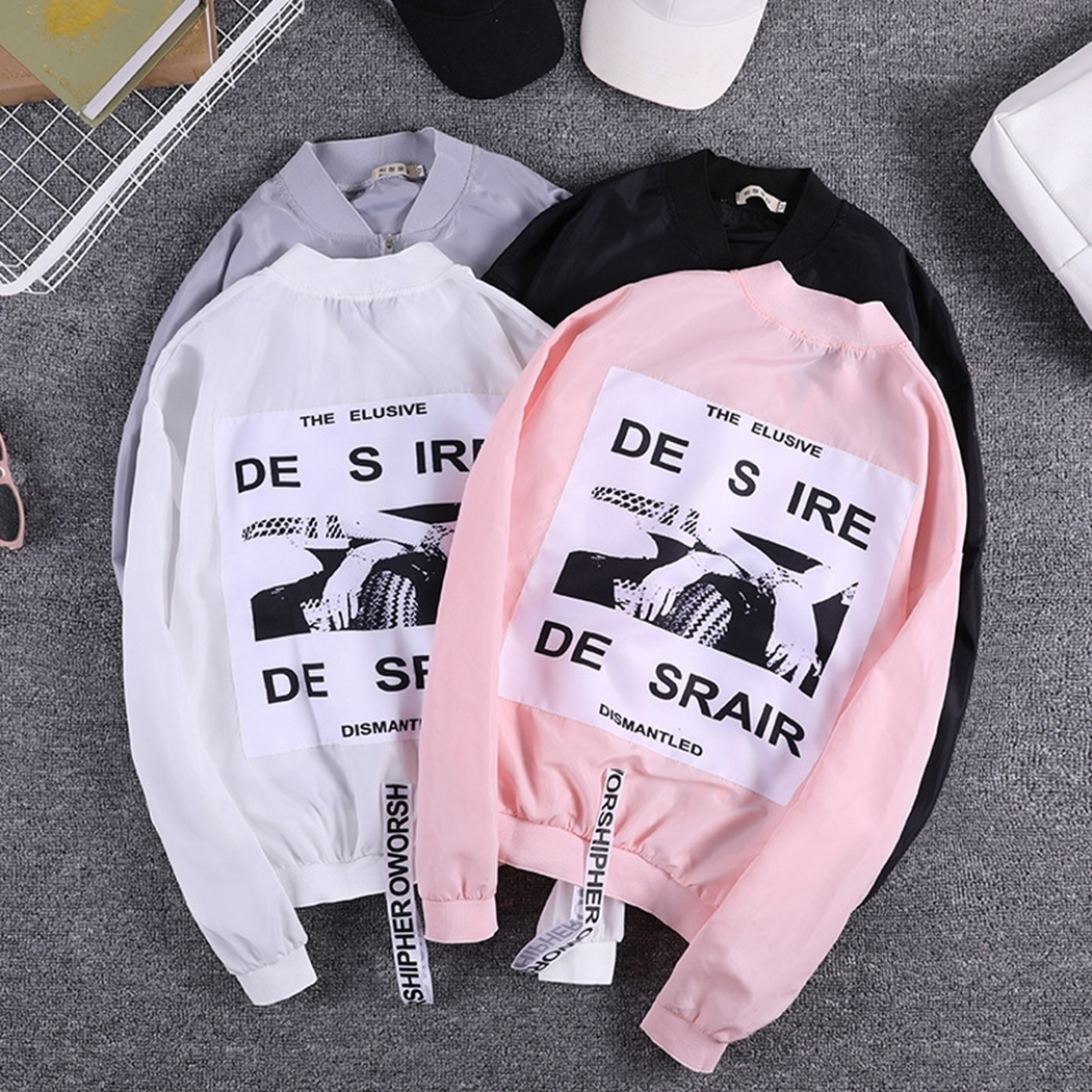 2020 Harajuku Bomber Jacket Women Letter Print Loose Coat Windbreaker Winter Spring Long Sleeve Zipper Jackets Oversized Outwear T200111