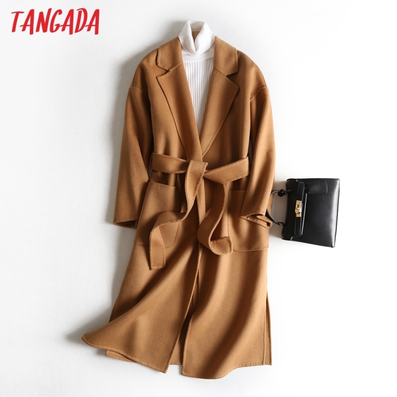 Tangada Women Elegant Green 100 Wool Long Coats With Slash Long sleeves Autumn Winter Female Overcoat high quality 4R2 201216
