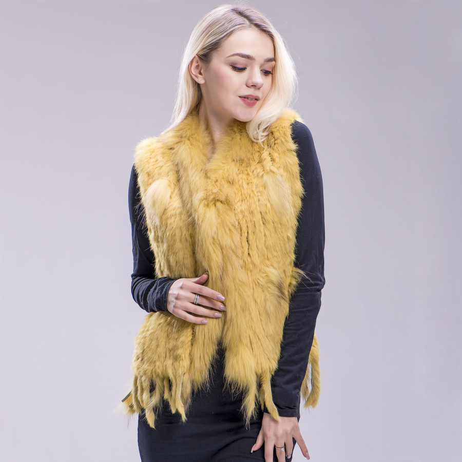 ZDFURS new colors Women Genuine real Rabbit Fur Vest coat tassels Raccoon Fur collar Waistcoat wholesale drop shipping T200319