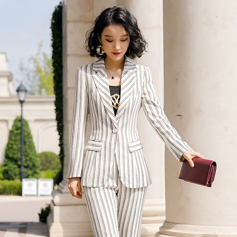 2020 new professional pants suit feminine High quality striped women's blazer Elegant career interview clothing female overalls T200818