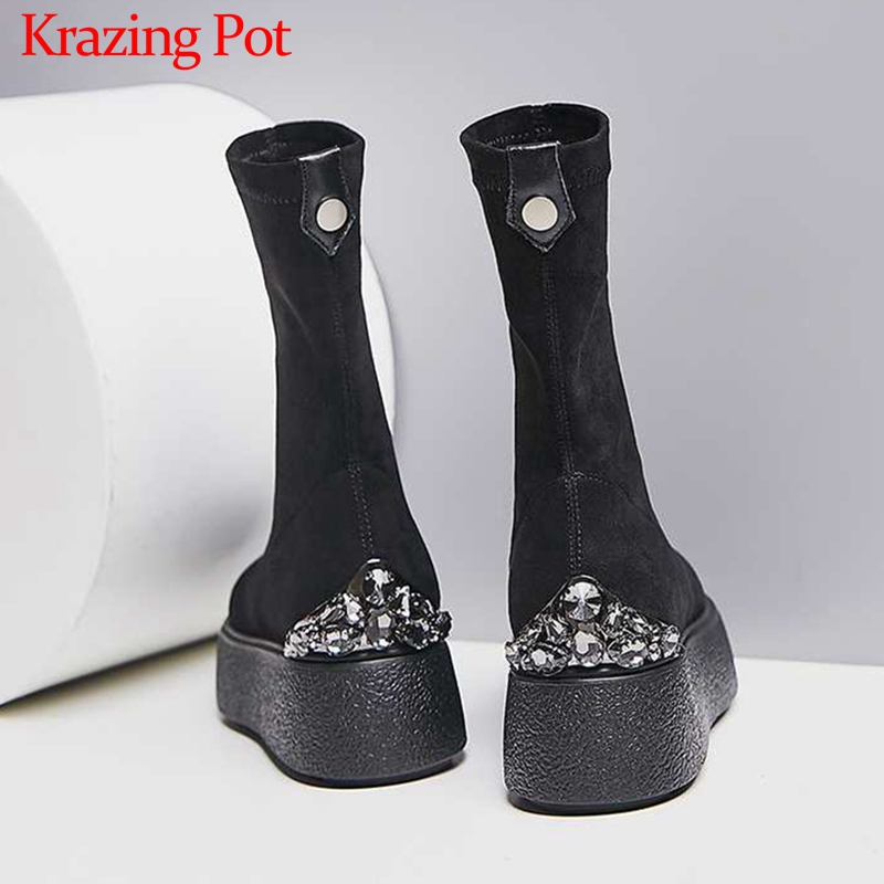 Krazing Pot soft stretch flock boots crystal studded round toe high heels thick bottom platform winter women mid-calf boots L58, Black
Krazing Pot soft stretch flock boots crystal studded round toe high heels thick bottom platform winter women mid-calf boots L58, Black