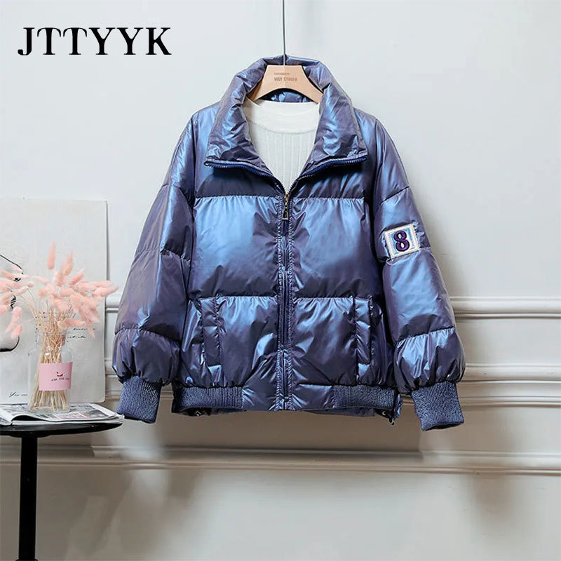 2020 New Winter Short Parka Loose Candy Color Glossy Down Coat Jacket Women Korean Sweet Stand Collar White Duck Down Overcoat T200810