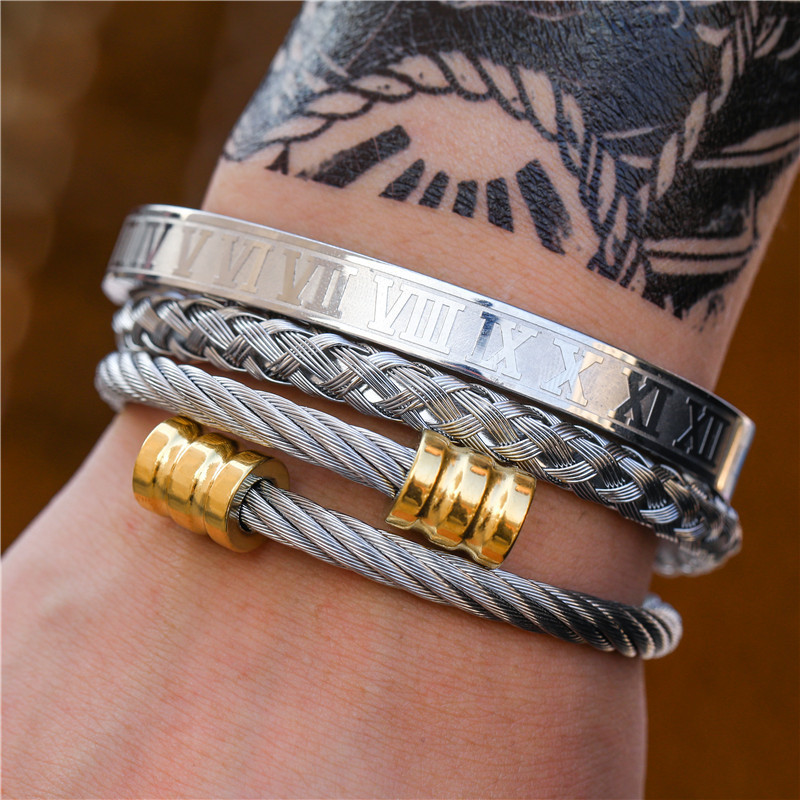 3pcs/Set Roman Numeral Mens Bracelets Stainless Steel Hemp Rope Buckle Open Bangles Gold Pulseira Bileklik Bracelet Jewelry