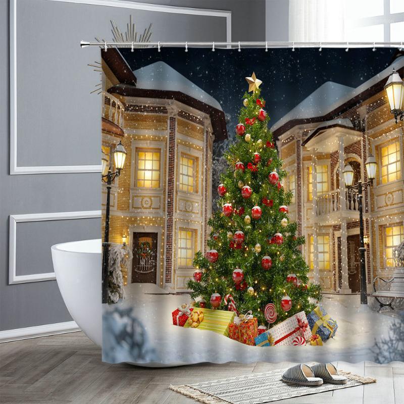 Christmas Shower Curtains New Year Bathroom Decor Xmas Cartoon Snowman Rope Balls Snow Scenery Kids Bath Room Cloth Curtain1