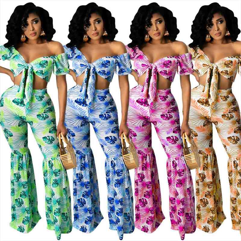 lace up floral print two piece set for women slash neck crop women set fashion elegant flare pants, White
lace up floral print two piece set for women slash neck crop women set fashion elegant flare pants, White
