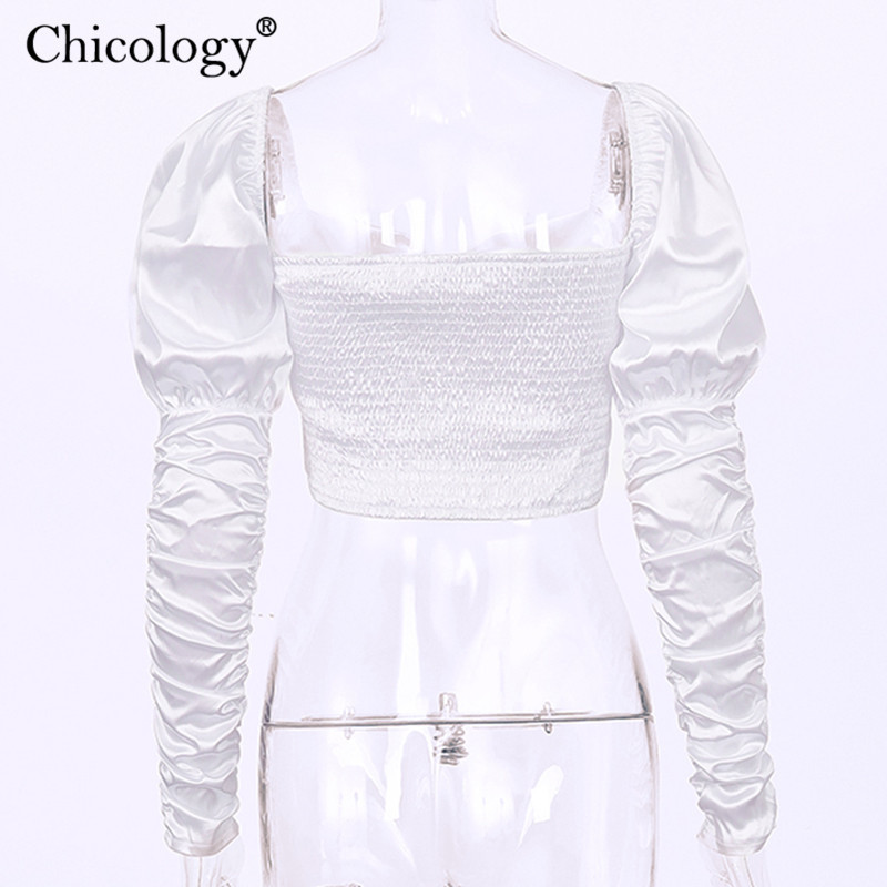 Chicology office lady blouse puff long sleeve women crop top 2019 autumn winter female elegant sexy party casual clothes T200321
