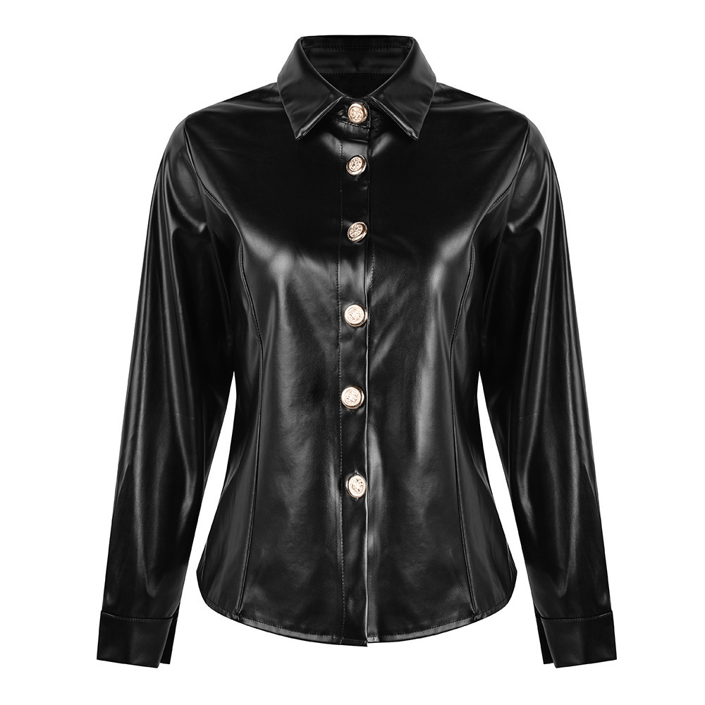 Faux Leather Blouse Women Long Sleeve Shirts Blouses Casual Button PU Leather Blouse Turn Down Collar Ladies Top Blusas D30 201126