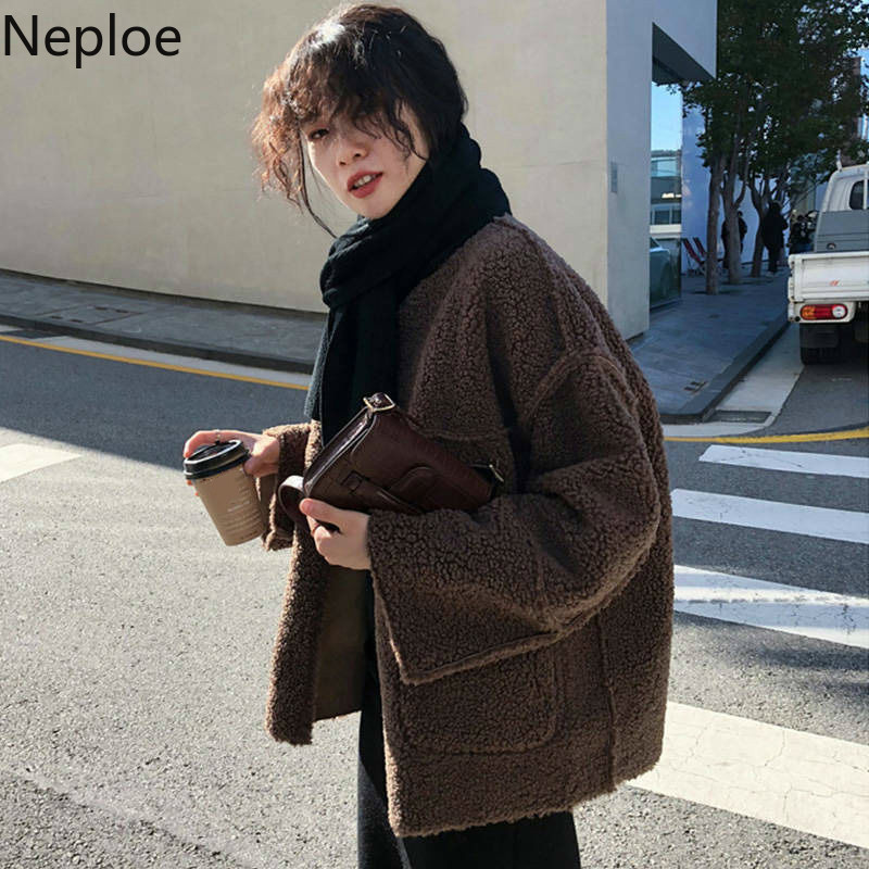Neploe Wear on Both Sides Thicked Lamb Wool Coat Women Autumn Winter Korean Loose Patchwork Solid Jacket Simple 201029