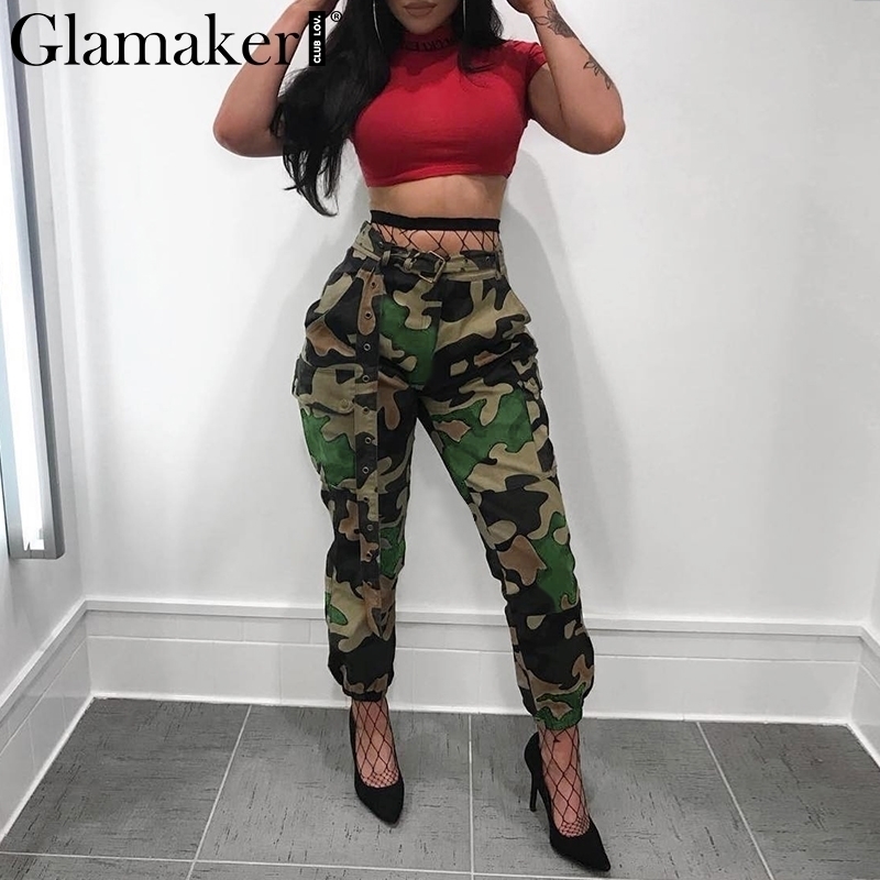 Glamaker Camo cotton high waist women cargo pants Casual female sexy fitness pants summer skinny bottom pants spring trousers T200223