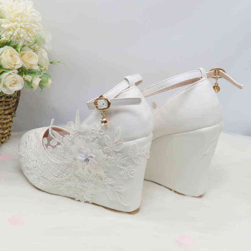 BaoYaFang White Flower Pumps arrival womens wedding shoes Bride High heels platform shoes for woman ladies party dress shoes 220114