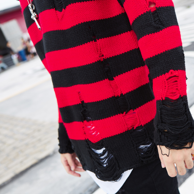 Black Red Striped Sweaters Washed Destroyed Ripped Sweater Men Hole Knit Jumpers Men Women Oversized Sweater Harajuku 201022