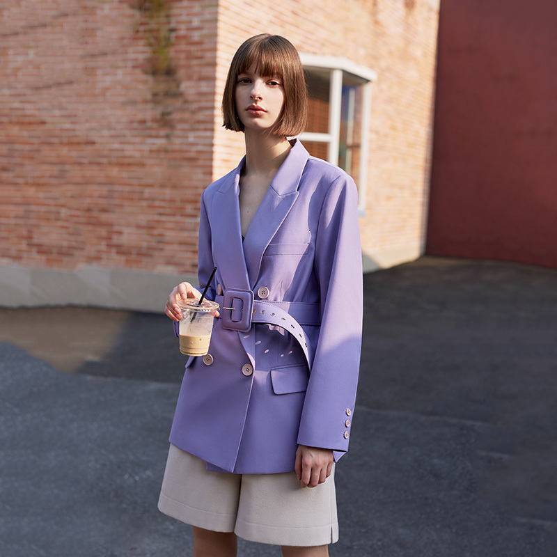 EAM Loose Fit Brief Purple Double Breasted Jacket Lapel Long Sleeve Women Coat Fashion Spring Autumn 1H090 201026