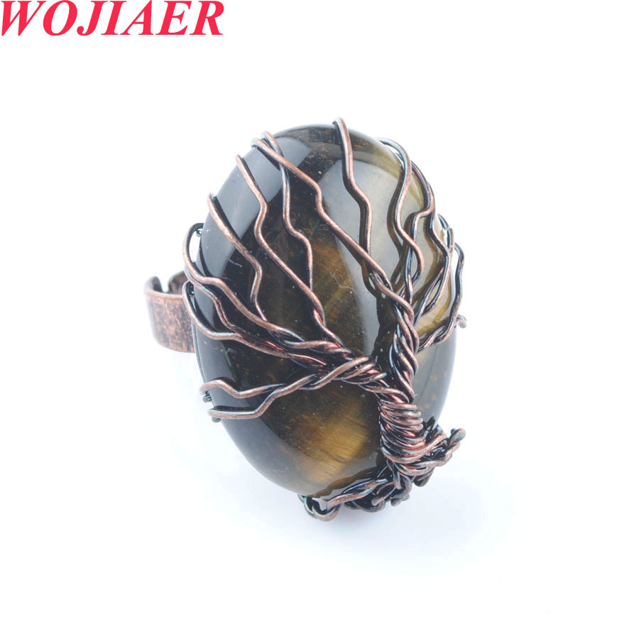 WOJIAER Antique Rings for Women Natural Stone Egg Shape Bead Vintage Wire Wrapped Tree of Life Adjustable Ring BO913