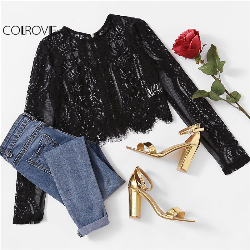 COLROVIE Lace See-through Crop Shirt Women Blouse Autumn Round Neck Long Sleeve Sexy Ladies Tops Zipper Back Blouse T200321