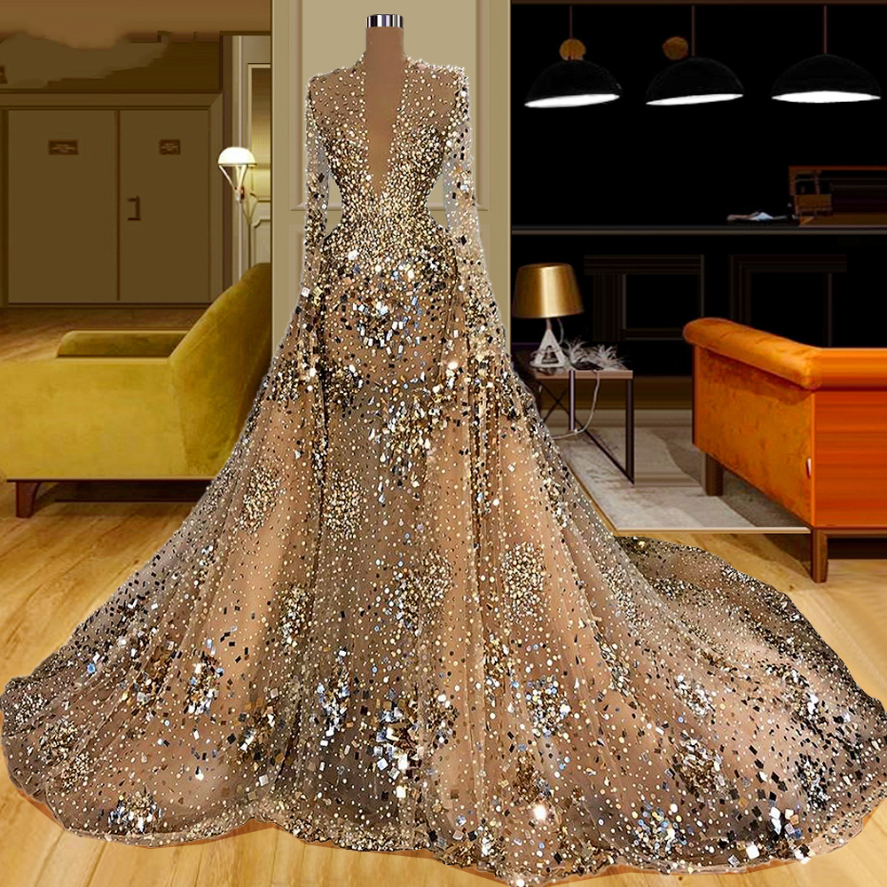 Sparkly Luxurious Mermaid Prom Dresses With Detachable Train Beaded Crystals V Neck Evening Formal Party Second Reception Gowns, Gold
Sparkly Luxurious Mermaid Prom Dresses With Detachable Train Beaded Crystals V Neck Evening Formal Party Second Reception Gowns, Gold