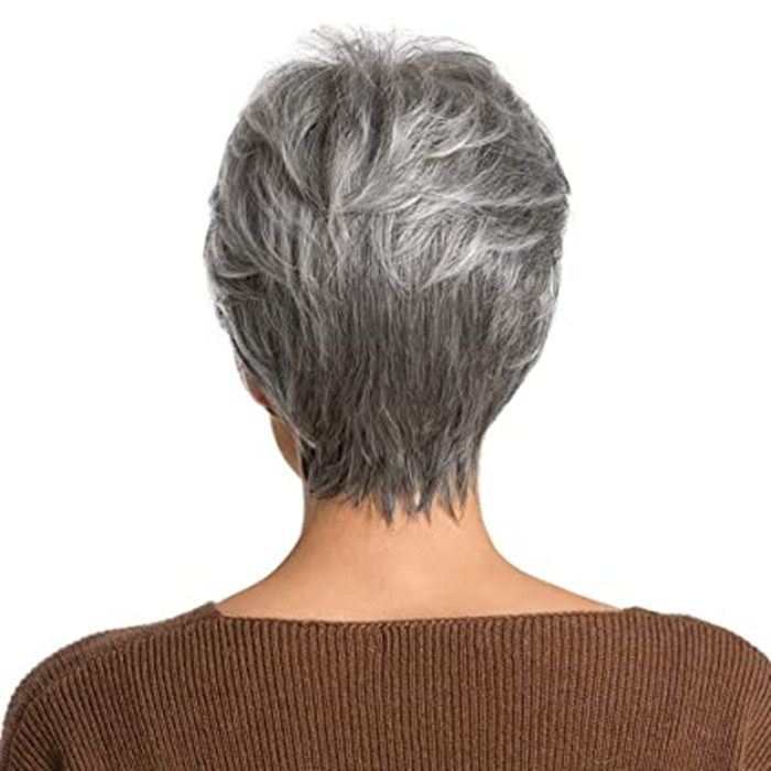 Salt pepper silver grey Short Grey Human Hair Wigs for Women Natural Pixie Cut Wig , Daily Hair gray human hair natural highlights ombre