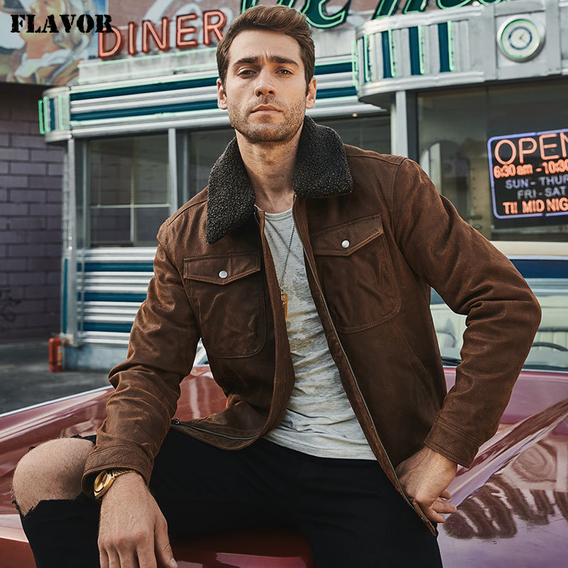 FLAVOR Men's Real Leather Jacket Genuine Leather jacket with faux fur collar male Motorcycle warm coat Genuine Leather Jacket 201128