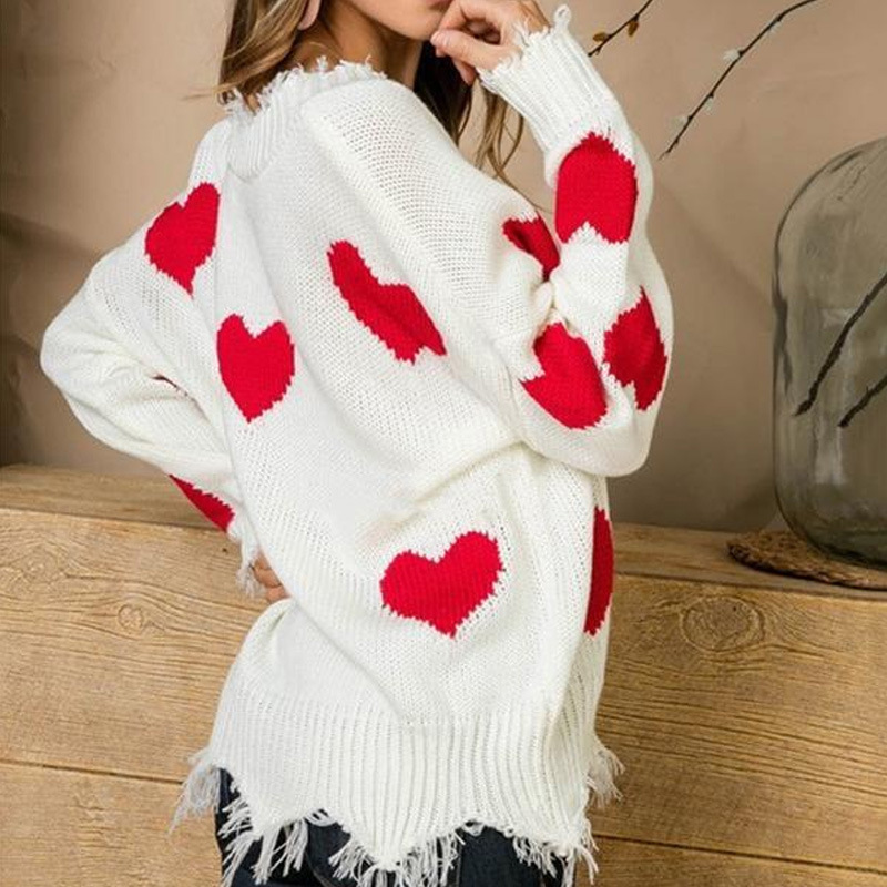 Sweaters women winter jumpers knitted clothes fashion Women white Burr Pullover knit sexy V-neck love print sweater female 201130