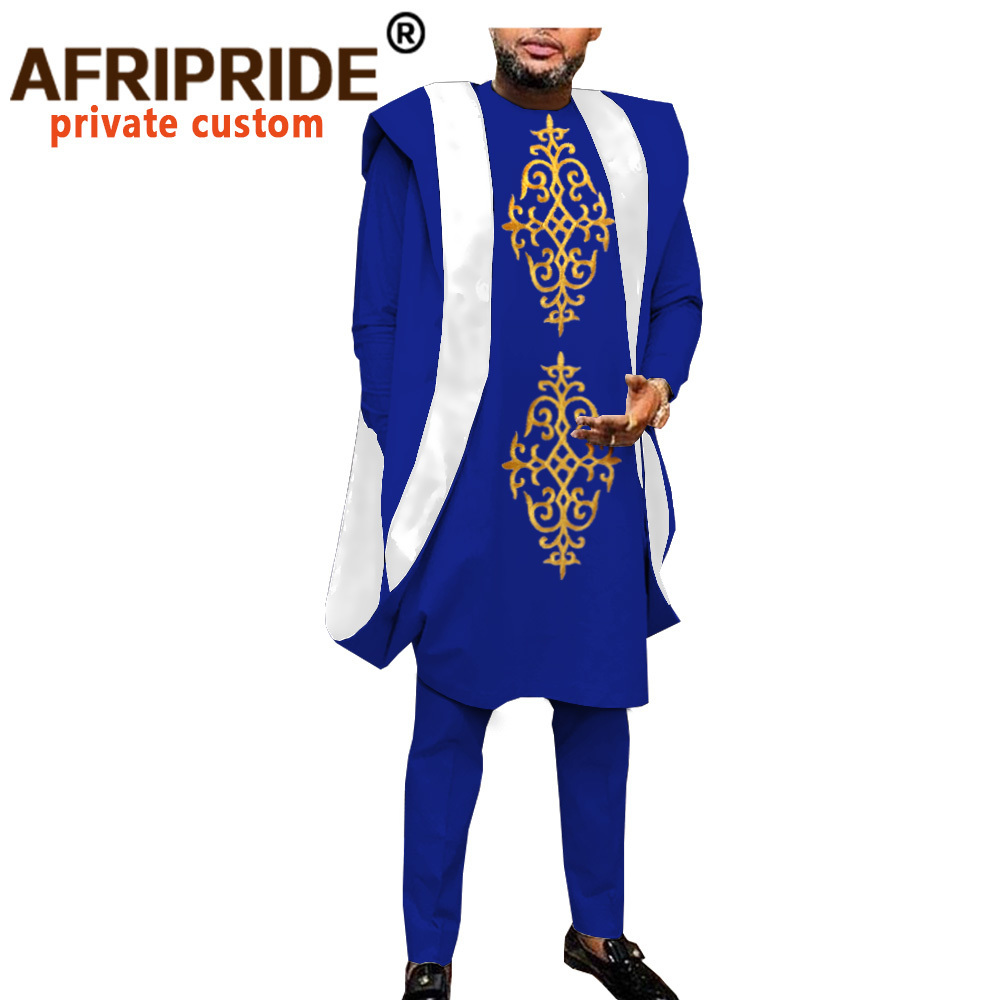 African Clothing for Men Dashiki Embroidery Agbada Robe Plus Size Dashiki Outfits Coats Shirts and Pants 3 Piece Set A044 201109