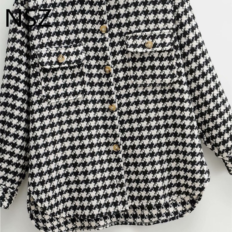 NSZ women black and white houndstooth oversized tweed jacket woolen blend plaid shirt coat checked overshirt outerwear fall 201023