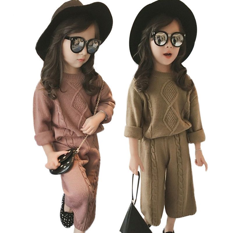 2020 autumn childrens girl clothing new casual knitted long-sleeved suit Mori female warm pure color pattern sweater top + pantsX1019