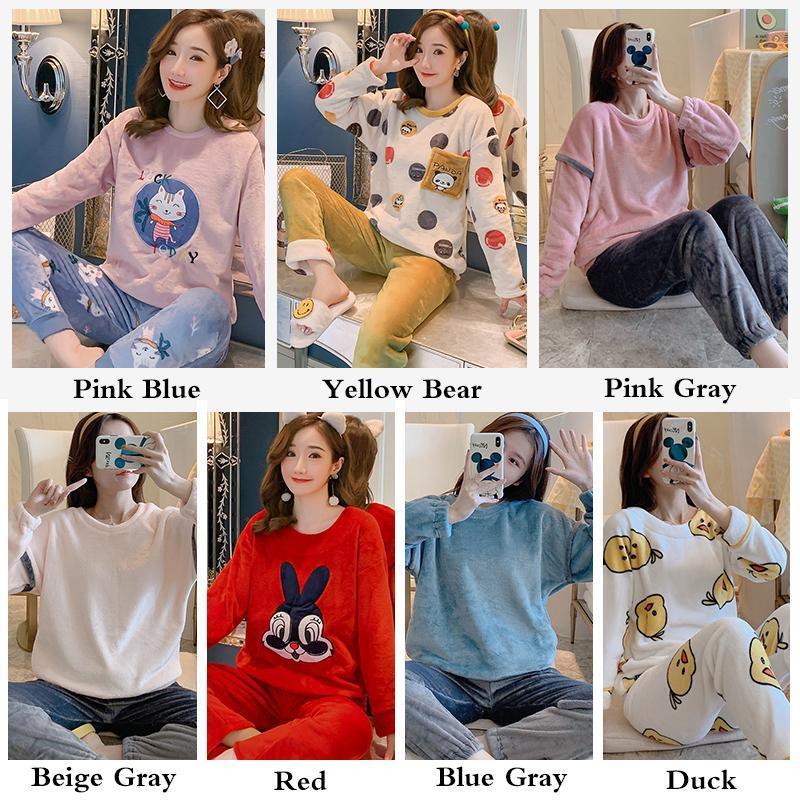 Autumn Winter Women Pyjamas Sets Pajamas Sleepwear Suit Thick Warm Coral Flannel Nightgown Female Cartoon Animal 201113
