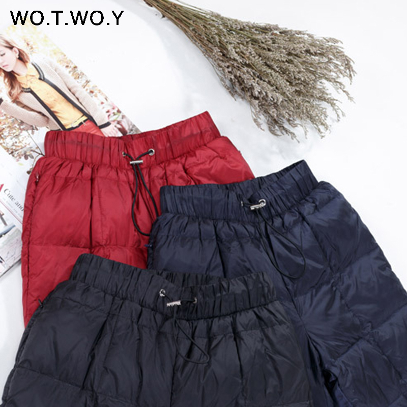 WOTWOY Casaul Winter Women Pants Pockets Plue size Basic High Waist Straight Female Down Pants Thick Trousers Women 201109