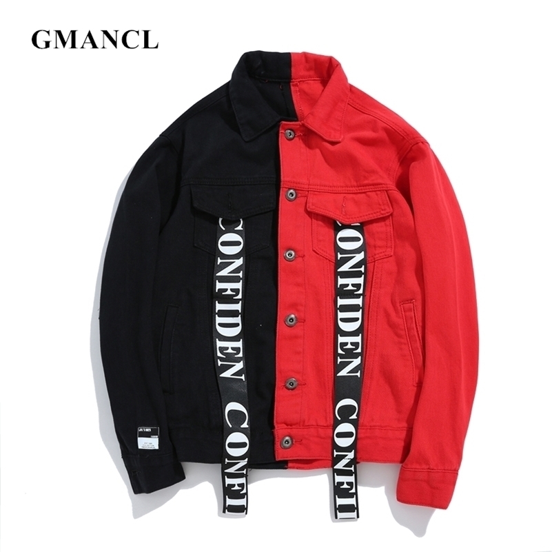 Streetwea Men Black Red Patchwork Printed Jeans Jackets Washed Distressed Lette…