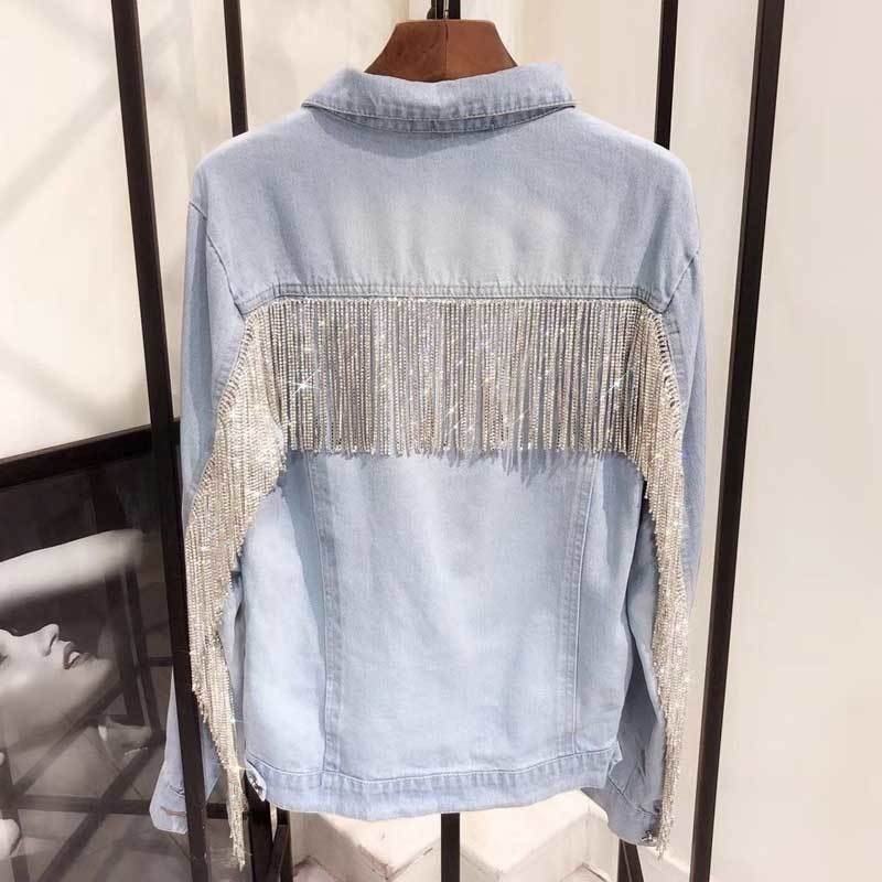 Boho inspired denim jacket women fashion coasts bling rhinestone chaines long sleeves blue vintage loose jacket women new 201017